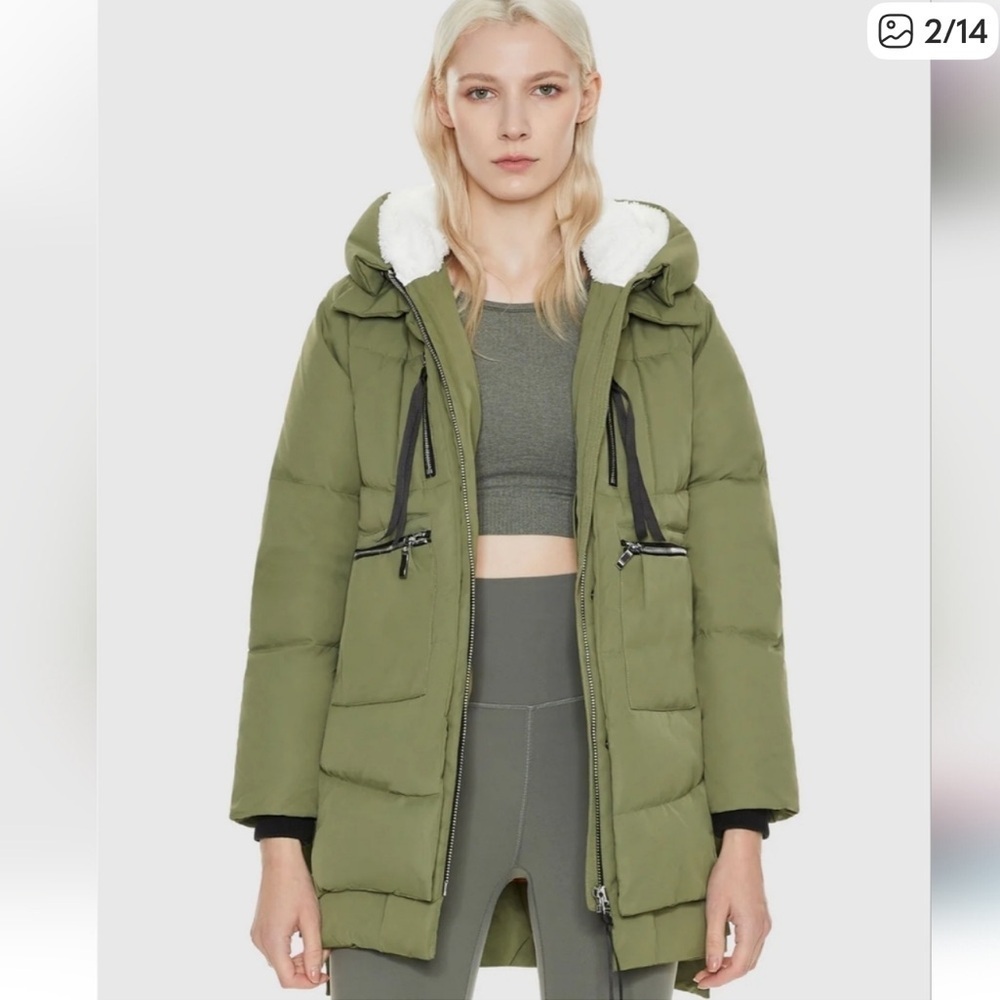 OLAY Women's Classic Hooded Olive Green Down Puffer Jacket